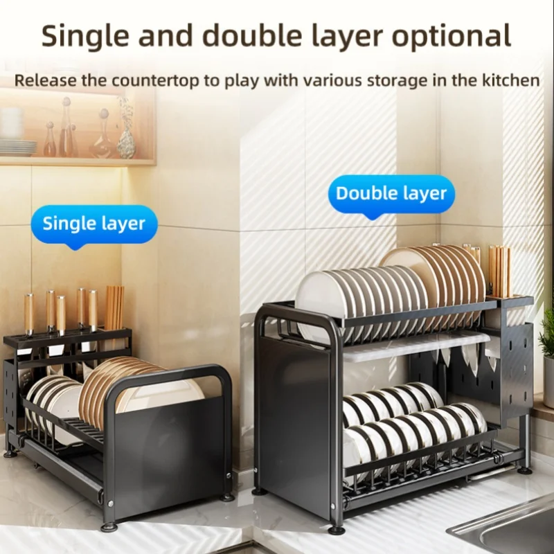 2-layer Dish Drying Rack Multifunction Storage Organizers for Utensils Holder Kitchen Gadget Set Dishes Dryer Rack Stand Hanger
