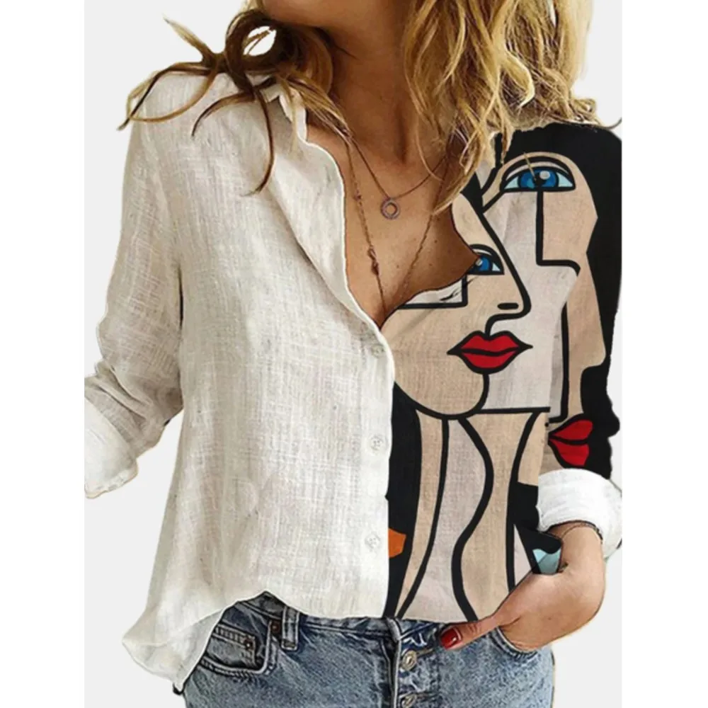 

Women's Shirt 2024 New Graffiti Printed Long Sleeved Shirts Autumn Casual Loose Turn Down Collar Cat Ptint Button Blouse Tops
