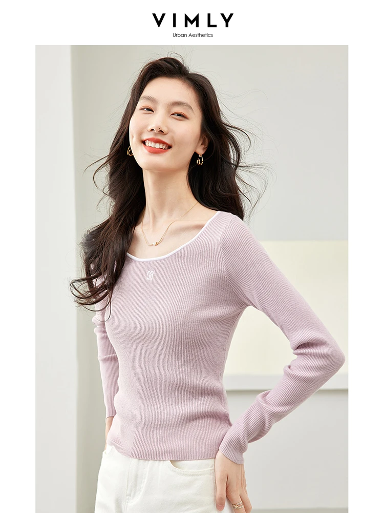 Vimly Women Knit Tops 2024 Spring New Knitwear Letter Embroidery Basic Tees High Strecth Slim Fit Women's Long Sleeve Top 72975