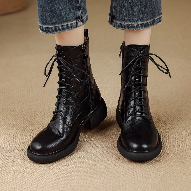 Women Winter Genuine Leather Ankle Boots Round Toe Women Boots with Zipper Lace Up Chunky Heel Wear-resistant Beef Tendon Bottom