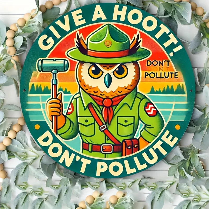 1 Panneau décoratif vintage hibou forestier 'Attention à la protection de l'environnement' multi-usage pour la maison et le jardin