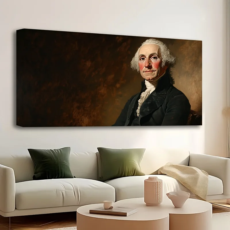 

1.5 inch thick pine solid wood frame, George Washington portrait, famous close-up, brightly colored classical painting