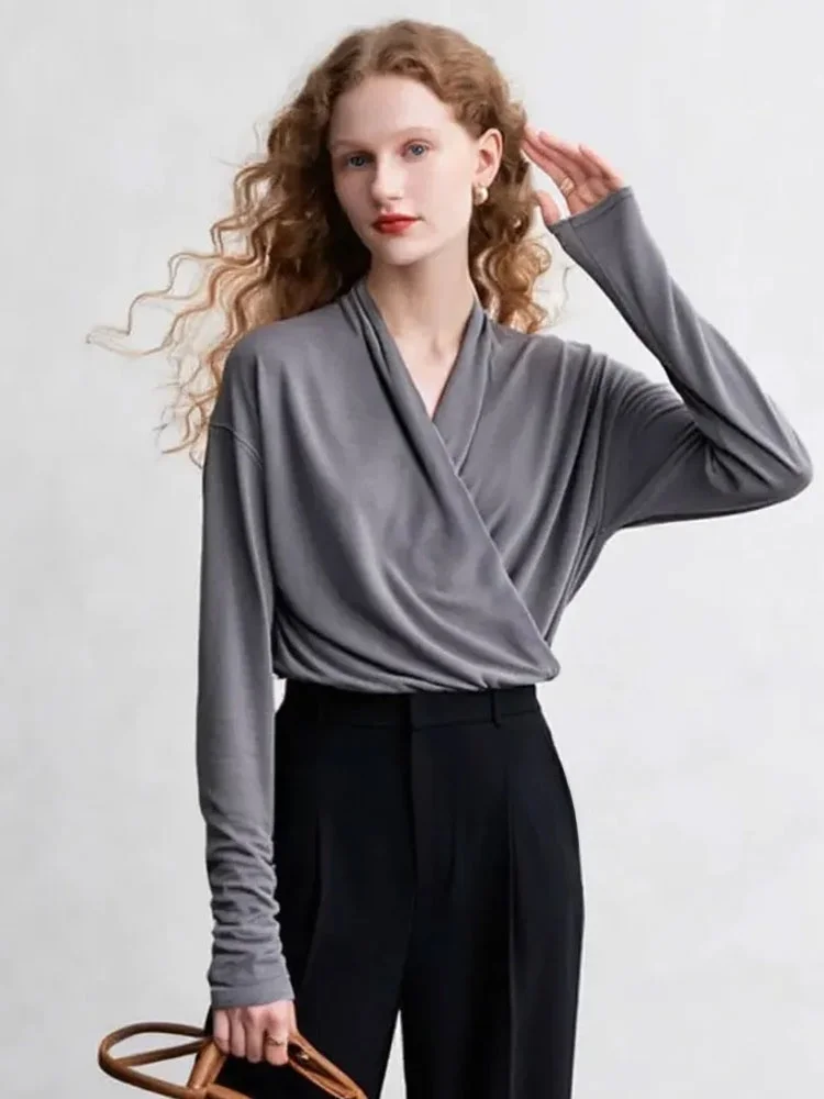 

Тонкий трикотажный джемпер с V-образным вырезом для женщин, мягкий, дышащий, приятный к телу, стандартный крой, длинный рукав, в французском стиле