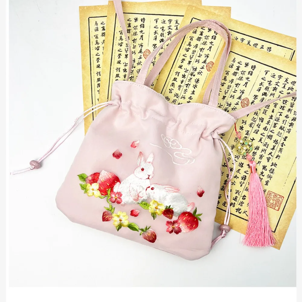 

Antique Elegant Chinese Style Drawstring Bucket Bag Organza Flower Hanfu Embroidery Handbag Lanyard Sweet Small Purse Bag Travel