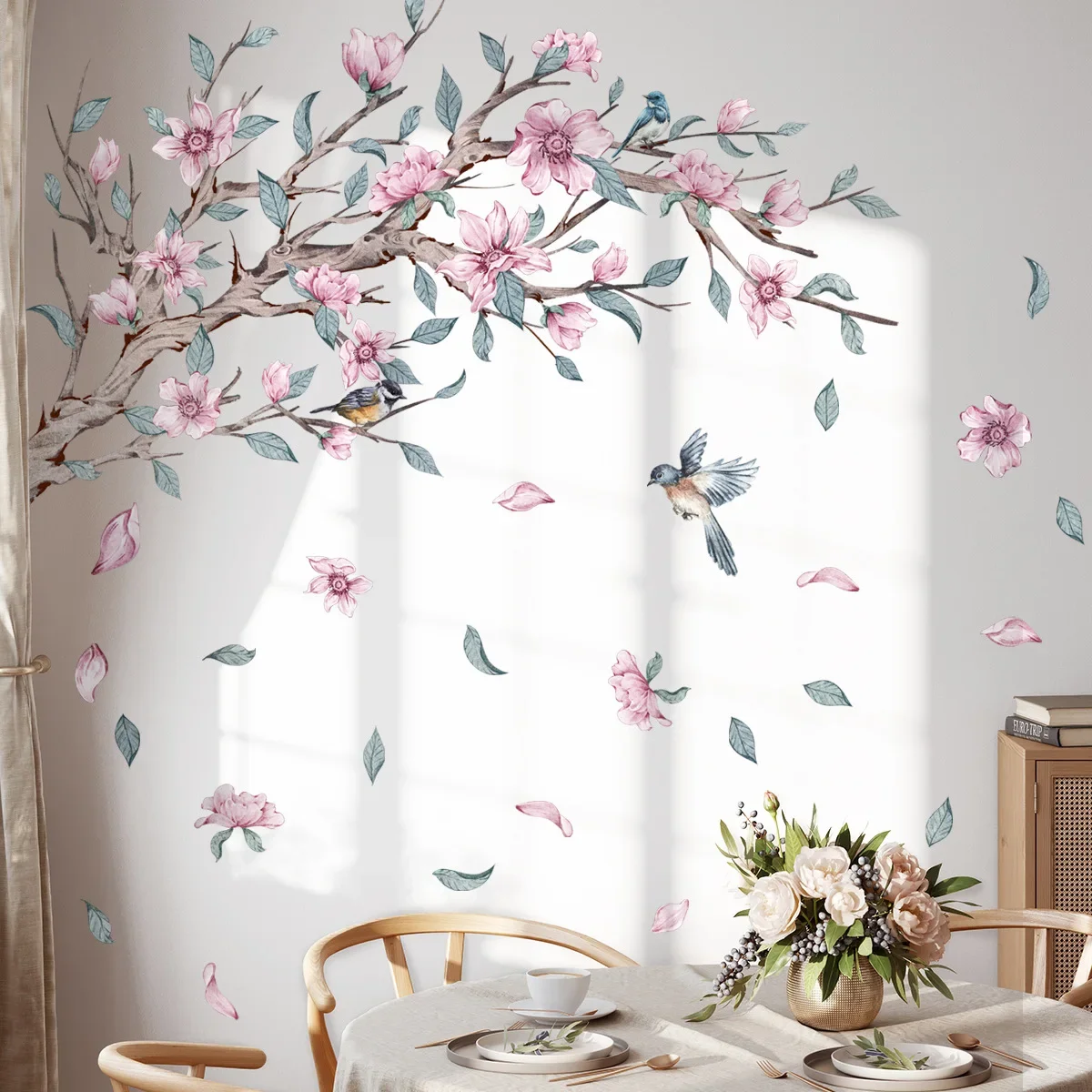 Pink Flower Tree Branch Bird Wall Sticker Living Room Bedroom Home Decor Pvc Wallpaper Girl Room Nursery Decor Art Decal Mural