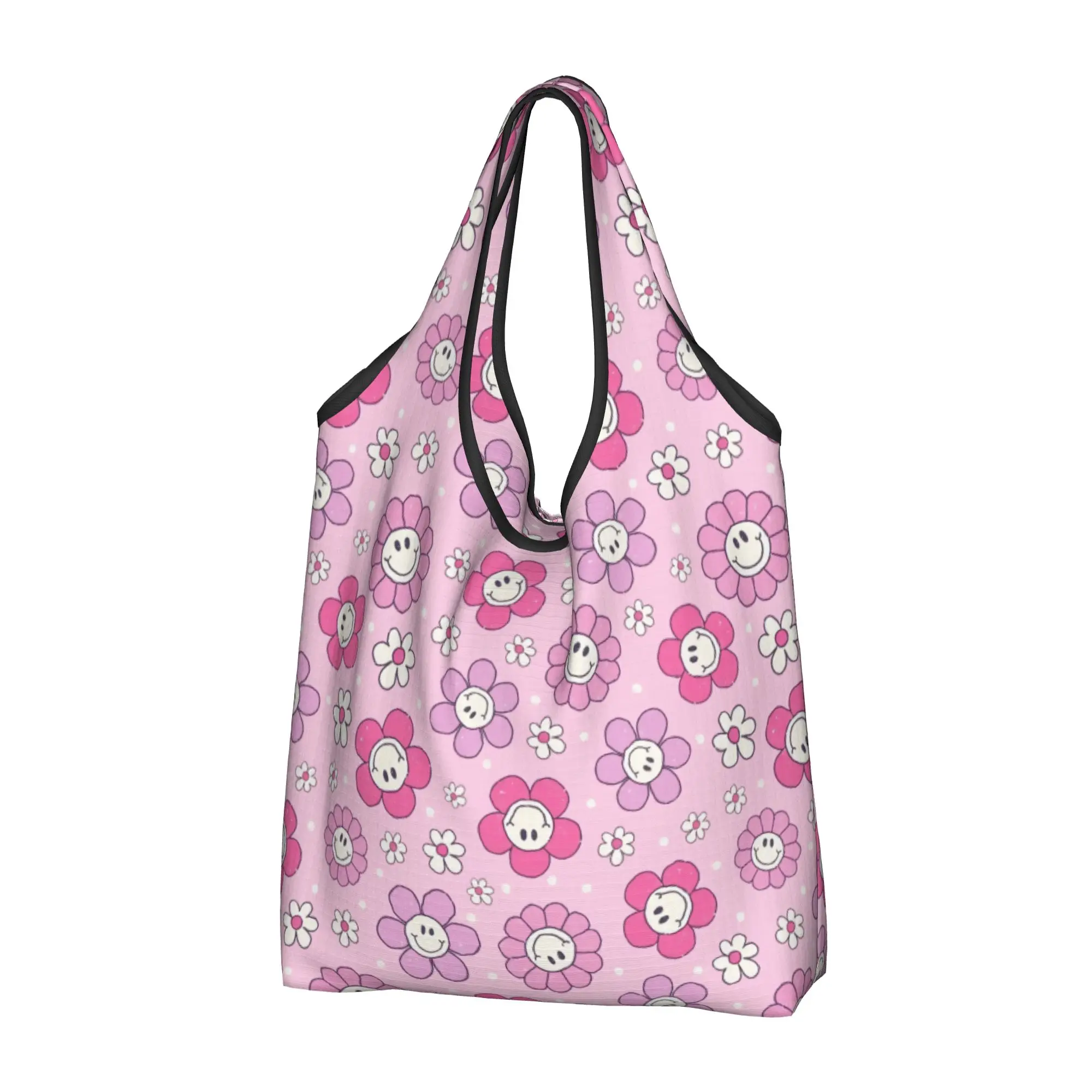 Custom Checkerboard Large Happy Face Daisies  Shopping Bags Women Portable Big Capacity Grocery Flowers  Tote Shopper Bags