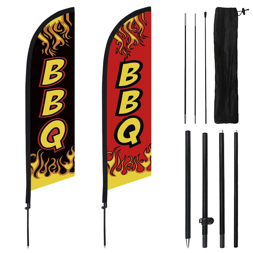 1 Set 8FT BBQ Flame Feather Flag with Fiberglass Pole – Outdoor Lawn Advertising Banner for Food Street BBQ Stall  Promotion