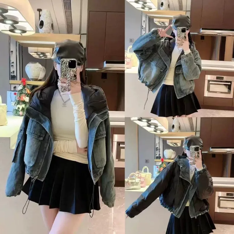 Autumn Winter New Popular Down Cotton Liner Light and Thin Down Cotton Denim Jacket Women's Short Two-sided Top Pretty Jacket