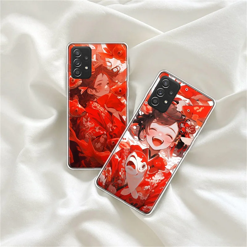 Red Lucky Koi Fish Girl Phone Case For Galaxy A02S A03S A12 A22 A32 A42 A52 A52S A72 Samsung A73 A53 A33 A23 A13 A9 A8 A7 A6 Plu