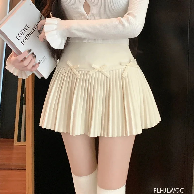 Pleated Mini Skirt New Year Design A Line Women Cute Sweet Japan Girls Preppy Style Retro Vintage Woolen Cloth Bow Y2K Skirt