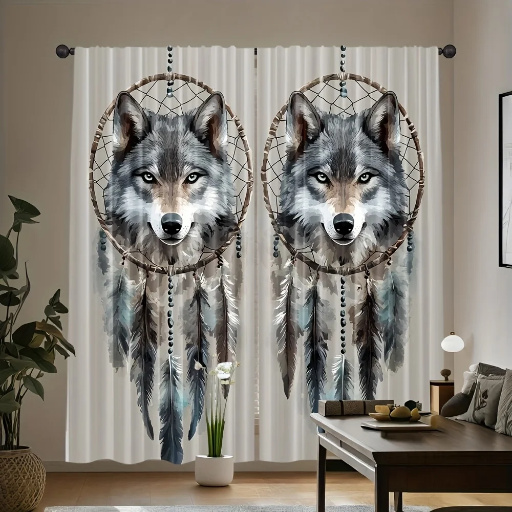 2pcs Wolf Dreamcatcher Curtains Peach Skin Polyester Native Art Living Room Bedroom Home Decor