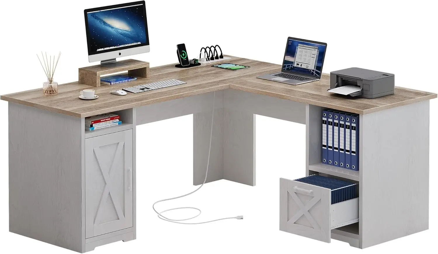 L Shaped with Power Outlets, 60 Inch Computer Corner with File Drawer, Home Office with Monitor Stand & Stor