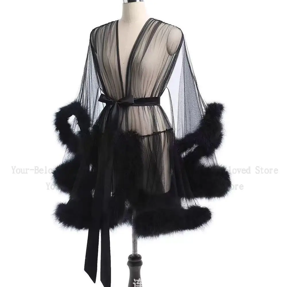 Sexy Feather Robe Seductive Mesh Bathrobe Fashion Long Sleeve Plush Spliced Thin Lingerie Female Underwear Nightgown Sheer Robe