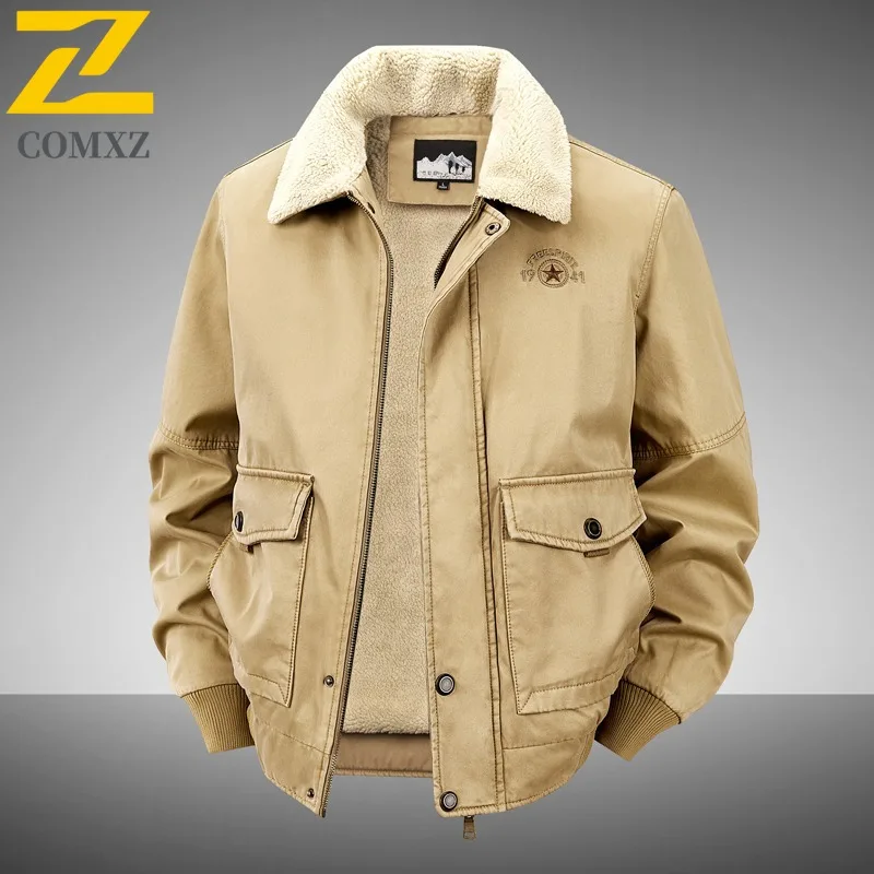 

COMXZ 2025 Мужская толстая теплая стираная хлопковая куртка на флисовой подкладке, зимняя молодежная рабочая одежда, свободное легкое пальто большого размера