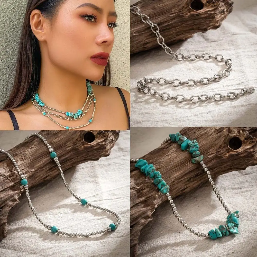 3pcs/set Beads Western Country Necklaces Ethnic Style Trendy Multilayer Turquoise Chain Clavicle Chain Versatile