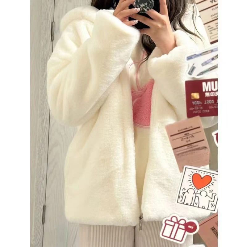 Korean Thickened Coat Women Winter Clothes New Cute Bear Ears Jacket Version Loose Imitation Faux Fur Plush Hooded Fur Coat C51