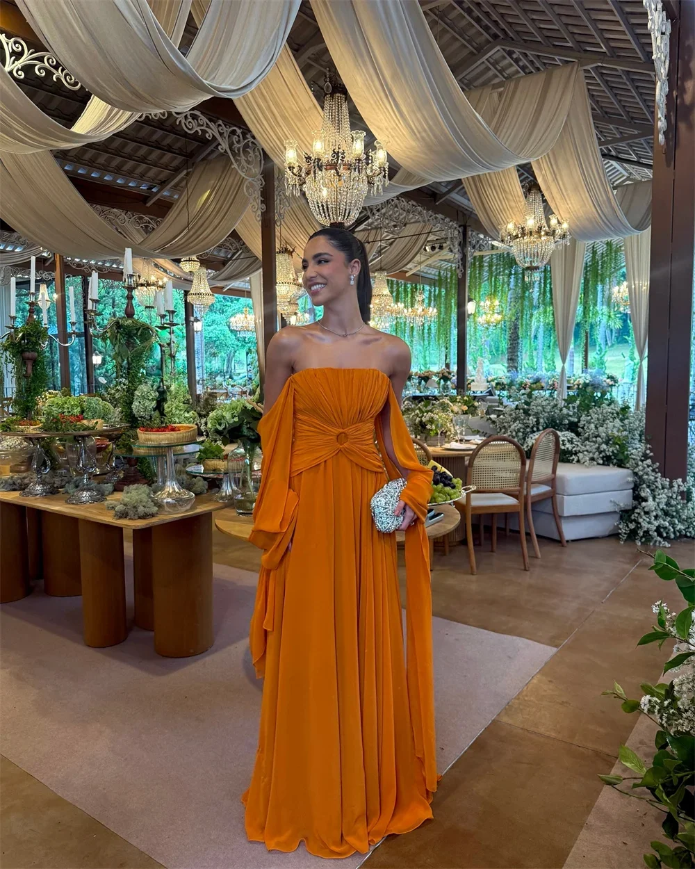 Customized Orange Off Shoulder Shawl Prom Dresses Sleeveless  vestidos de noiva Draped Strapless Evening Dress 2025 image 3