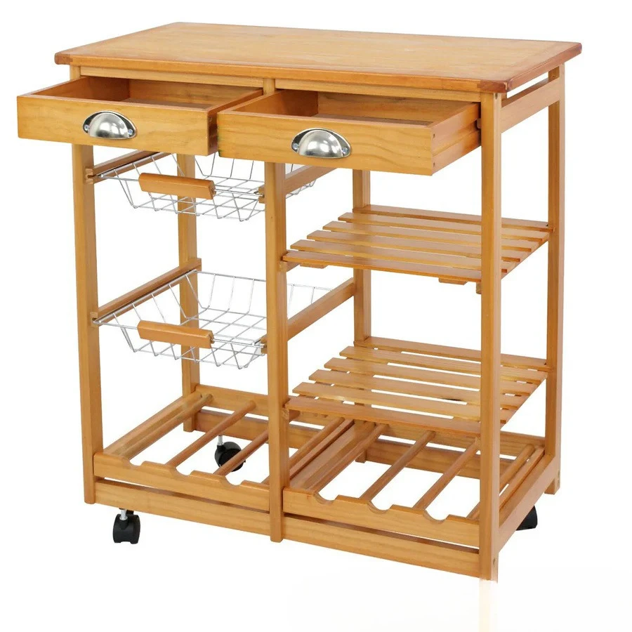 New custom, log-colored roller wooden kitchen island cart