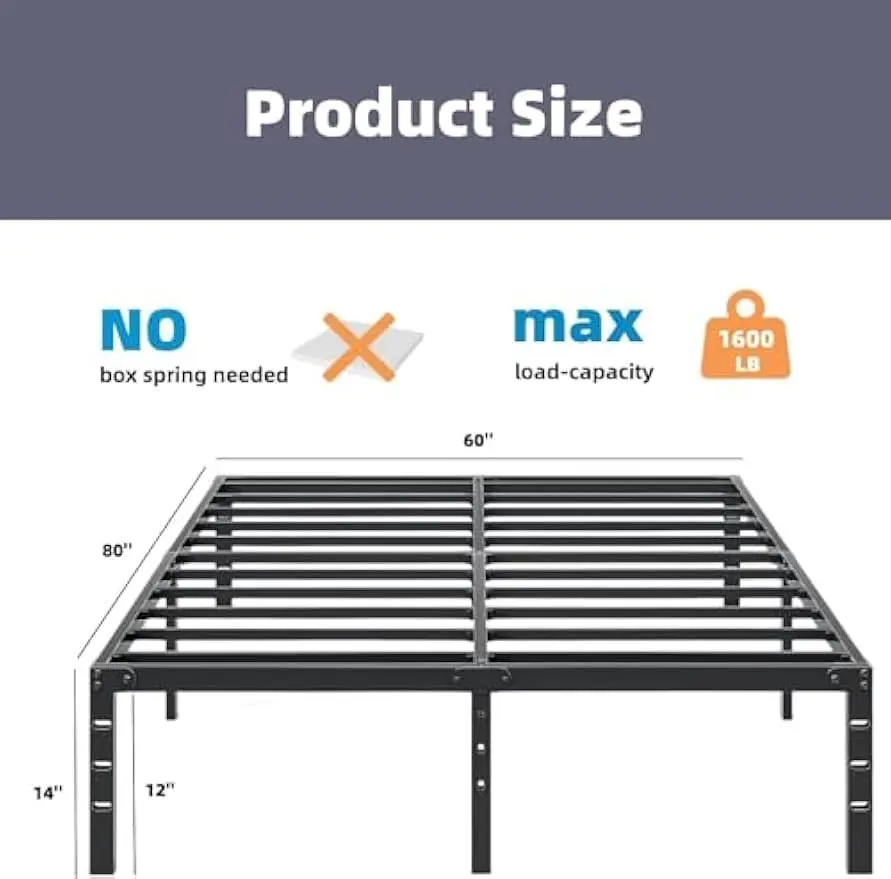 Metal Queen Bed Frame Durable Platform Heavy Duty No Box Spring Needed Large Storage Space Quiet & Noise-free