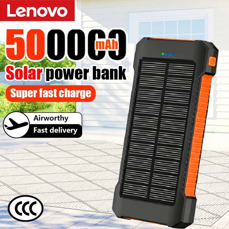 

Внешний аккумулятор Lenovo 500000 мАч с солнечной зарядкой, сверхбыстрой зарядкой, большой емкостью и LED-фонариком для iPhone Samsung 2026