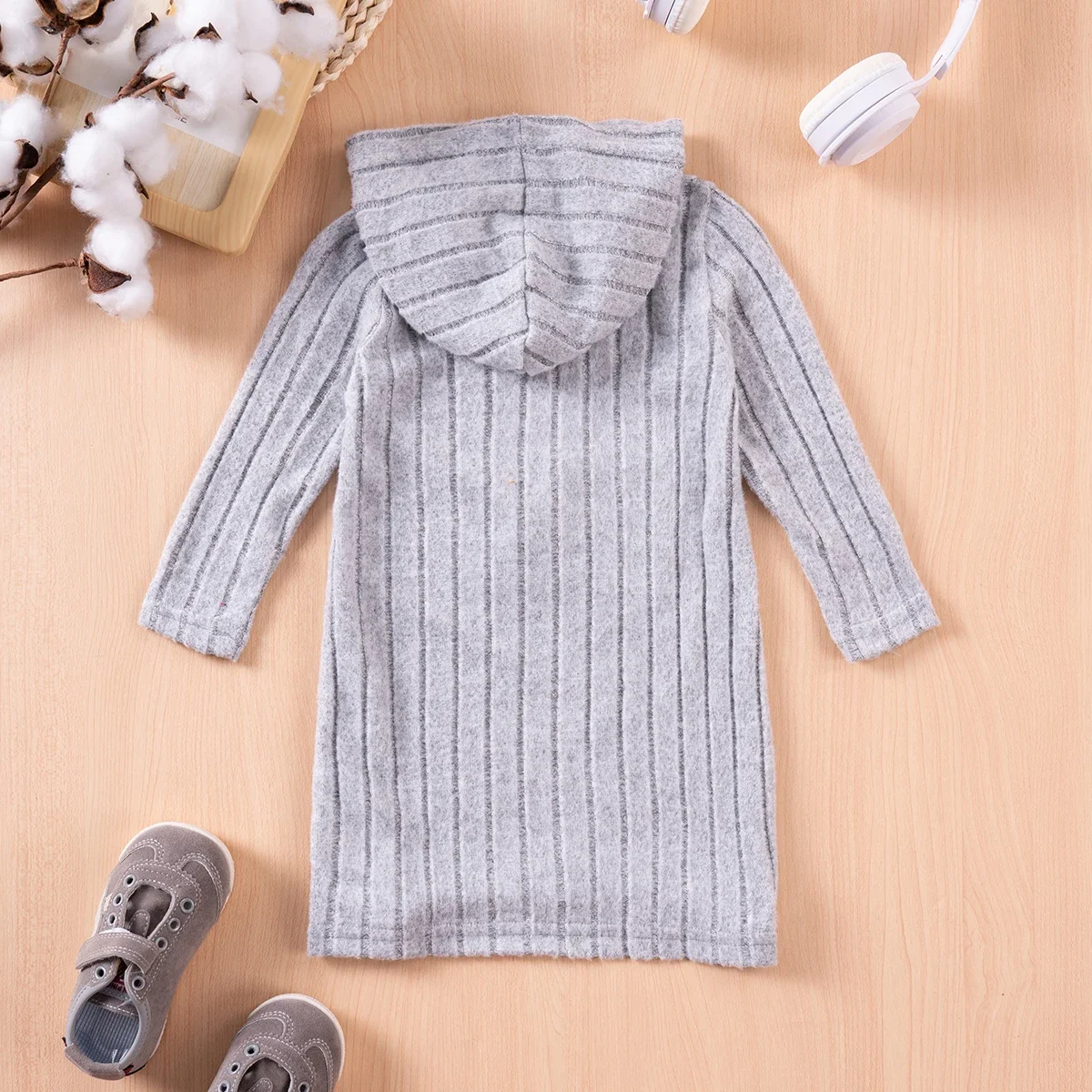 Girls Cat Pattern Knitted Long Sleeve Hooded Dress For Spring Fall Outdoor Activities