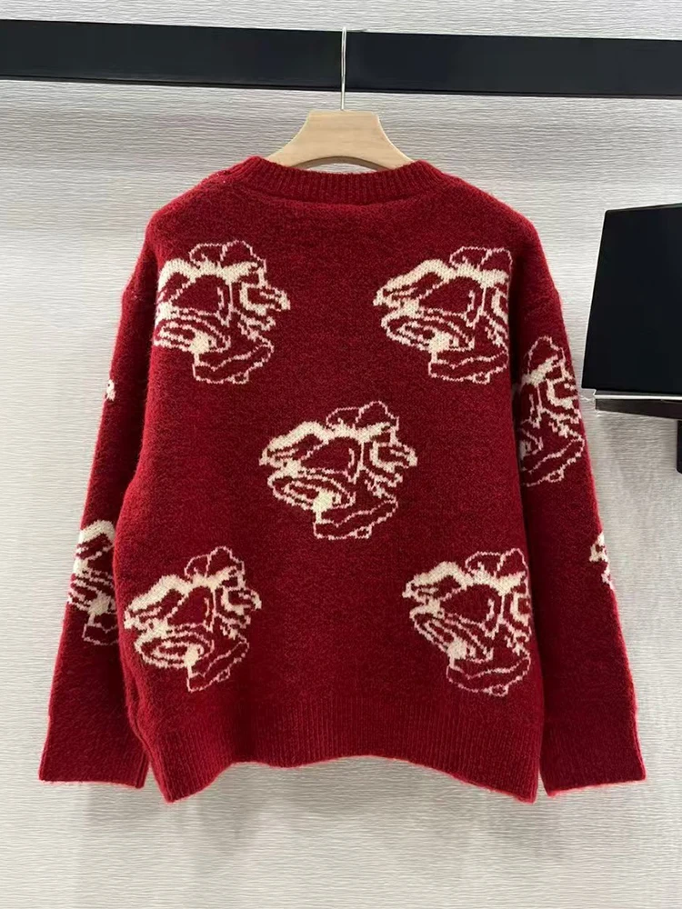 Women's new vintage jacquard wool round neck pullover for Autumn/Winter 2024 Fashion all-in-one straight tube knit sweater