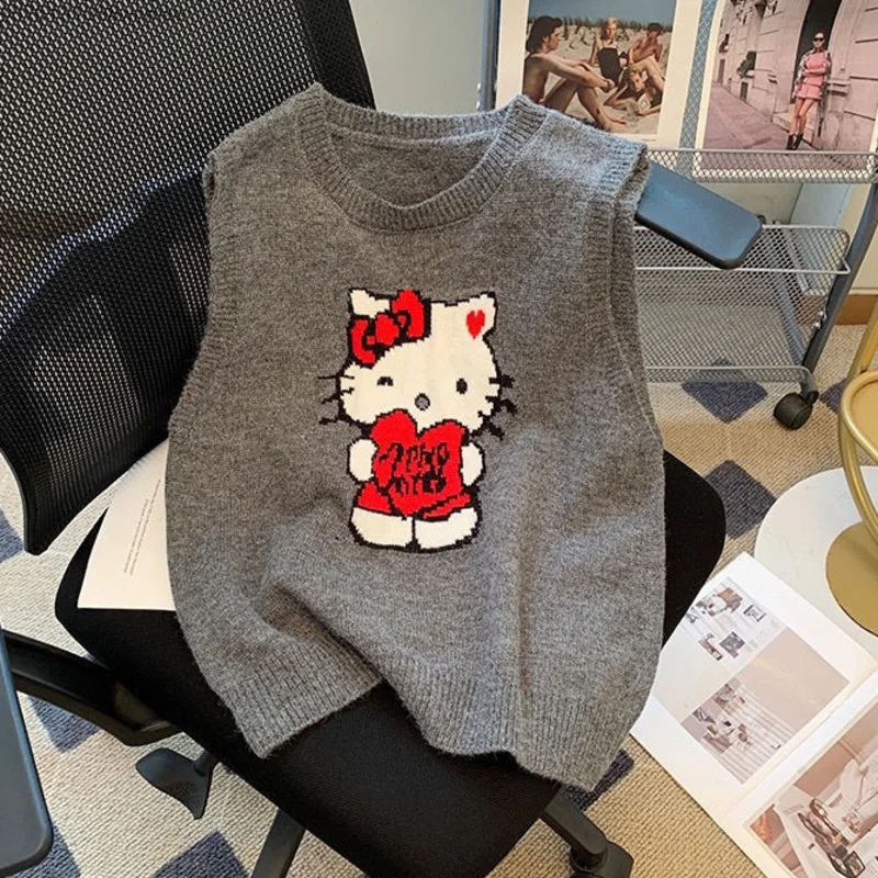 Sanrio Hello Kitty Knitted Vests Women\'s Korean Style Cute Cartoon Tops for Women Sweet Casual Knitwear Pullovers Clothes