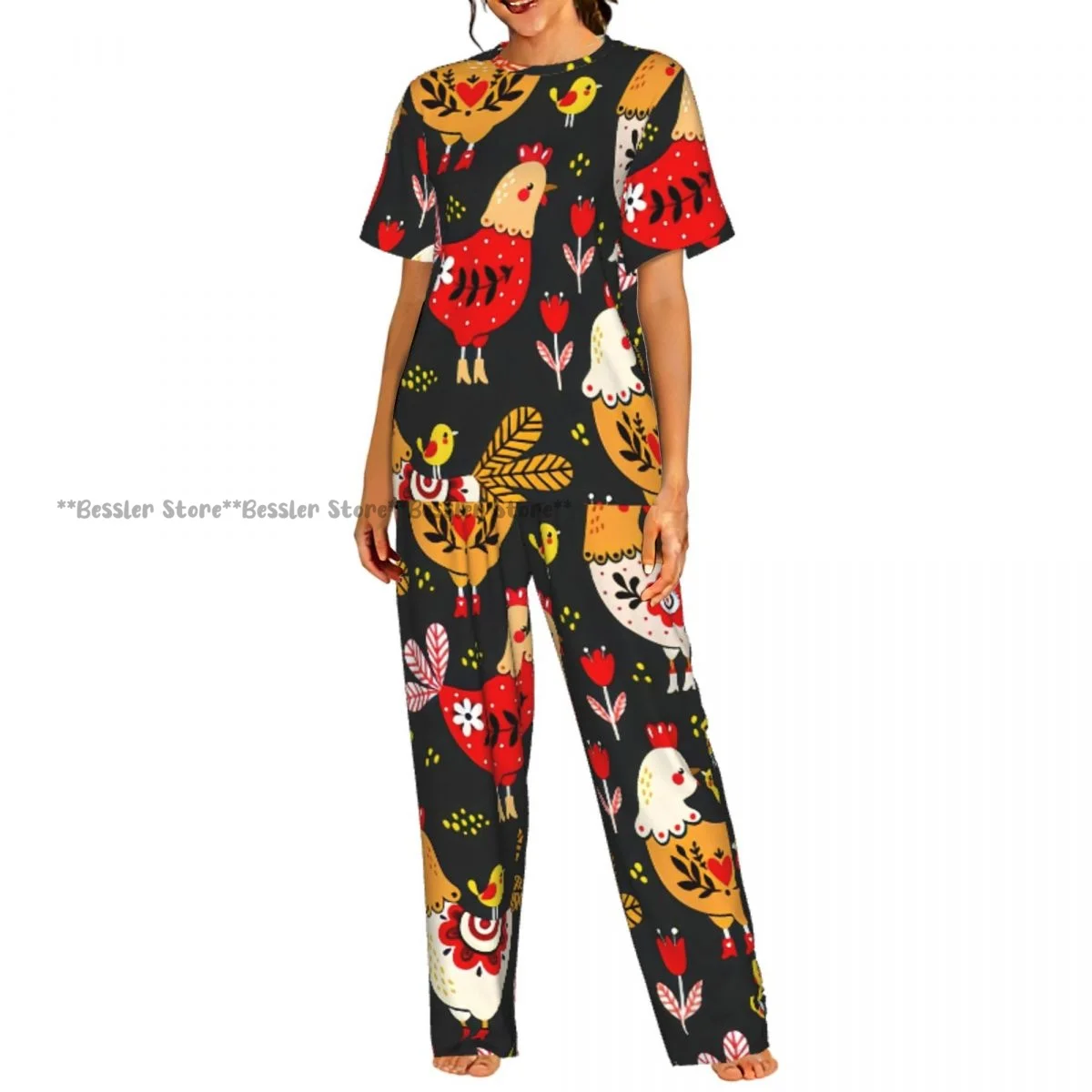

Women's Comfort Pajamas Women's Rooster Hens And Chickens Background Short Sleeve Set Sleepwear