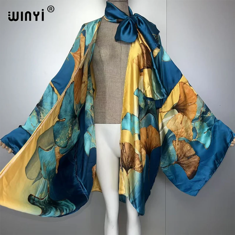 WINYI bohemian print kimono beach outfits women Swim Suit Cover up boho Cardigan stitch Self Belt Holiday long Sleeve print coat