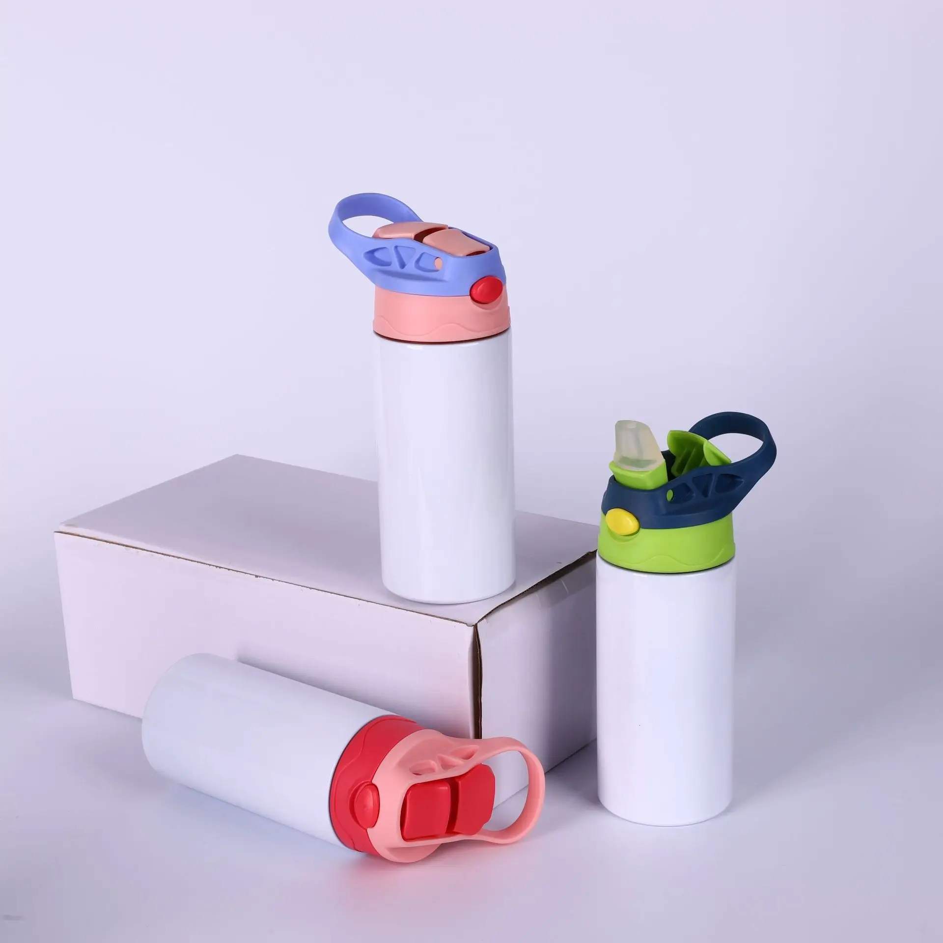 Edelstahl-Vakuum-Thermosbecher für Kinder mit Strohhalm und Griff, tragbarer Sport-Wasserbecher für den Außenbereich, einfache einfarbige Farbe