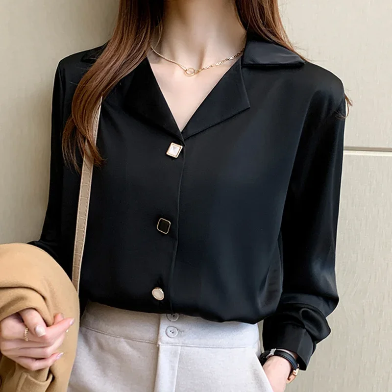 

Long Sleeve Black White Blouse Tops Blouse Women Blusas Mujer De Moda 2024 V-neck Chiffon Blouse Shirt Blouses Femme Blusas