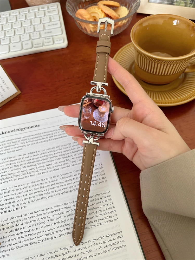 Leather Slim Watchband For Apple Watch Band 41MM 45MM 40mm 44mm 38mm 42mm Series 7 SE 6 5 4 3 2 1 Woman Thin Correa Wrist Strap