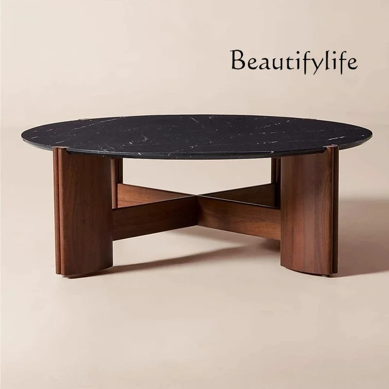 

yj32 FTavolino da caffè rotondo in travertino di legno massello di lusso leggero semplice medievale, tavolino da caffè retrò dal