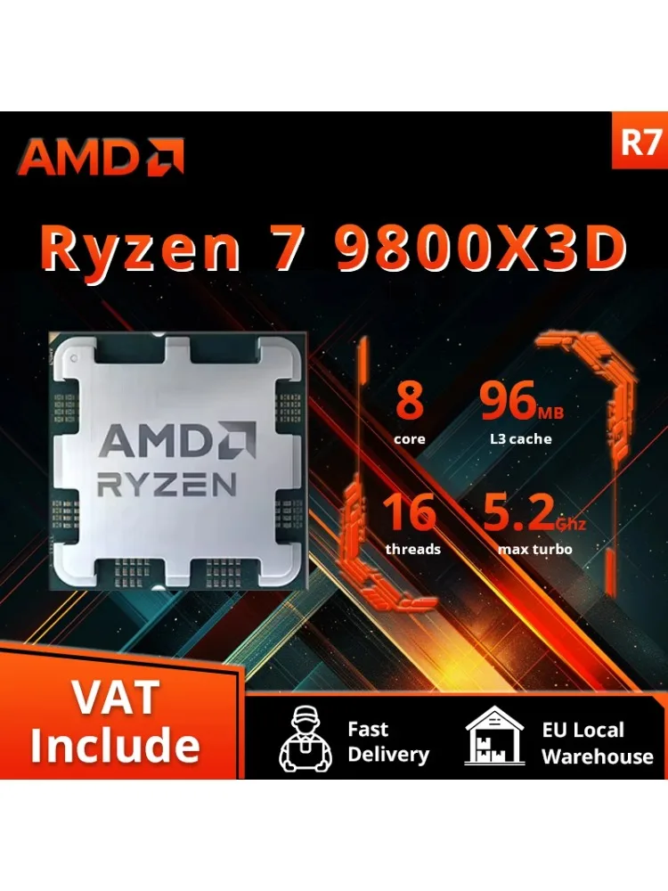 AMD Ryzen ™ 7 9800X3D Nouveau processeur, cache V 3D 8C/16T 120W jusqu'à 5,2 GHz, L3=96M 100-100001084 Socket AM5 mais sans refroidisseur