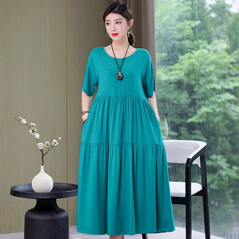 

Casual Women's Oversize Dress Summer New Solid Color Middle-aged Women's Sundress Summer Elegant Short Sleeve Long Dresses V216