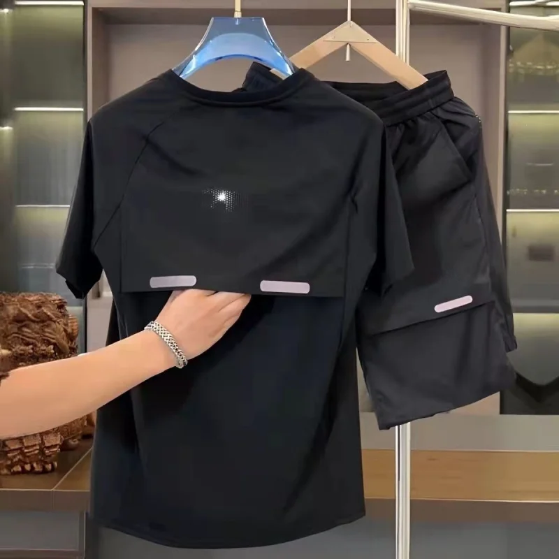Summer New Men Ice Silk Mesh Casual Sports Two Piece Set, Elastic Breathable Short Sleeve T-Shirt and Shorts Fashion Outfit