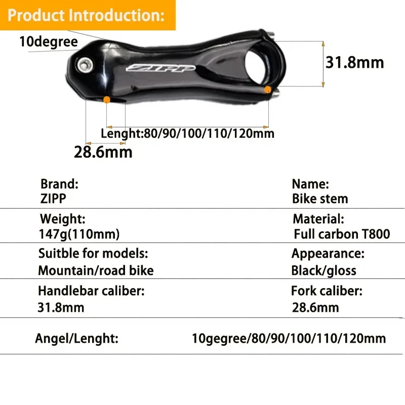 ZIPP Carbon-Fahrradvorbau, MTB/Rennrad Ultra-Leichter Carbon-Vorbau 10 Grad 31,8 * 80-120mm Fahrradkomponenten – Detail 1
