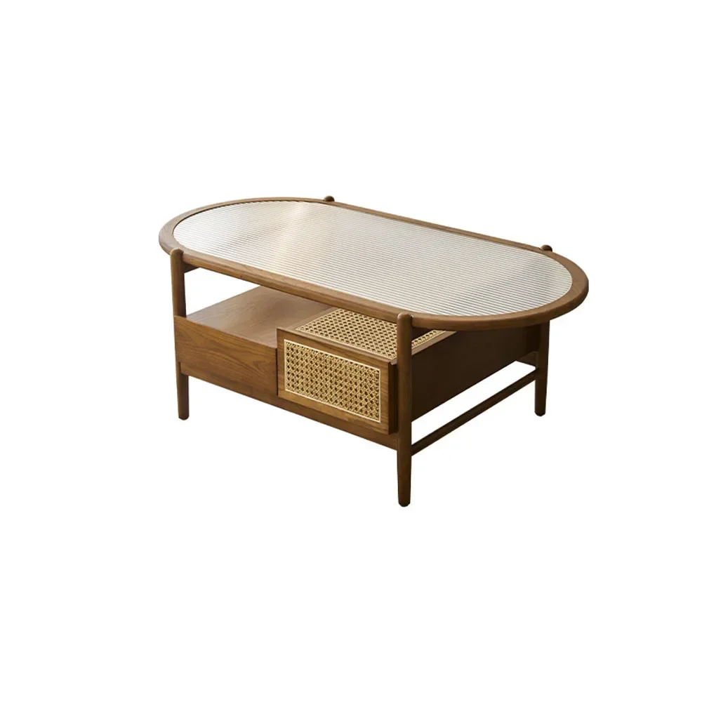 &New Living Room Tea Table Oval Japanese Tea Table Household Mortise And Tenon Structure Ash Wood Rattan Woven Solid Safe Odor