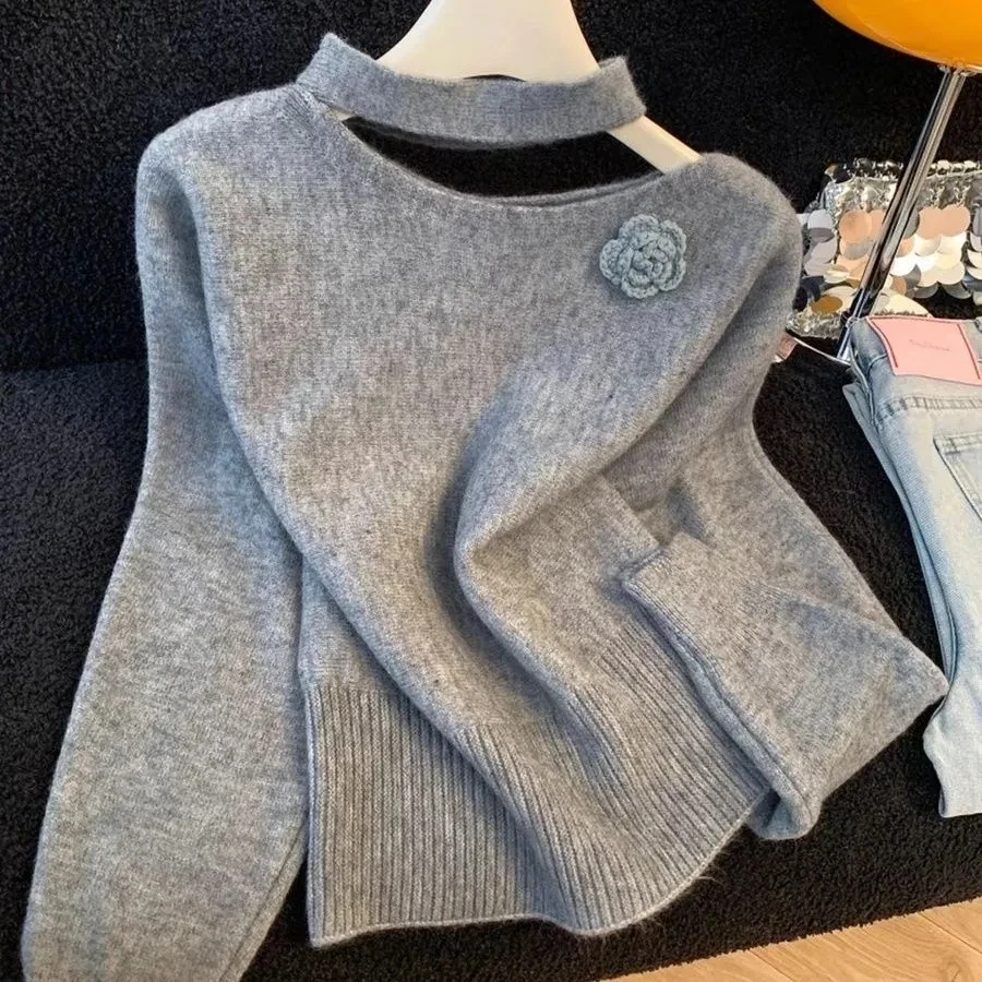 

French Sle Loose Fit oulder Bared Cross Ne Floral Design Knitted Sweater for Women Spring Autumn Winter Casual Wear Top