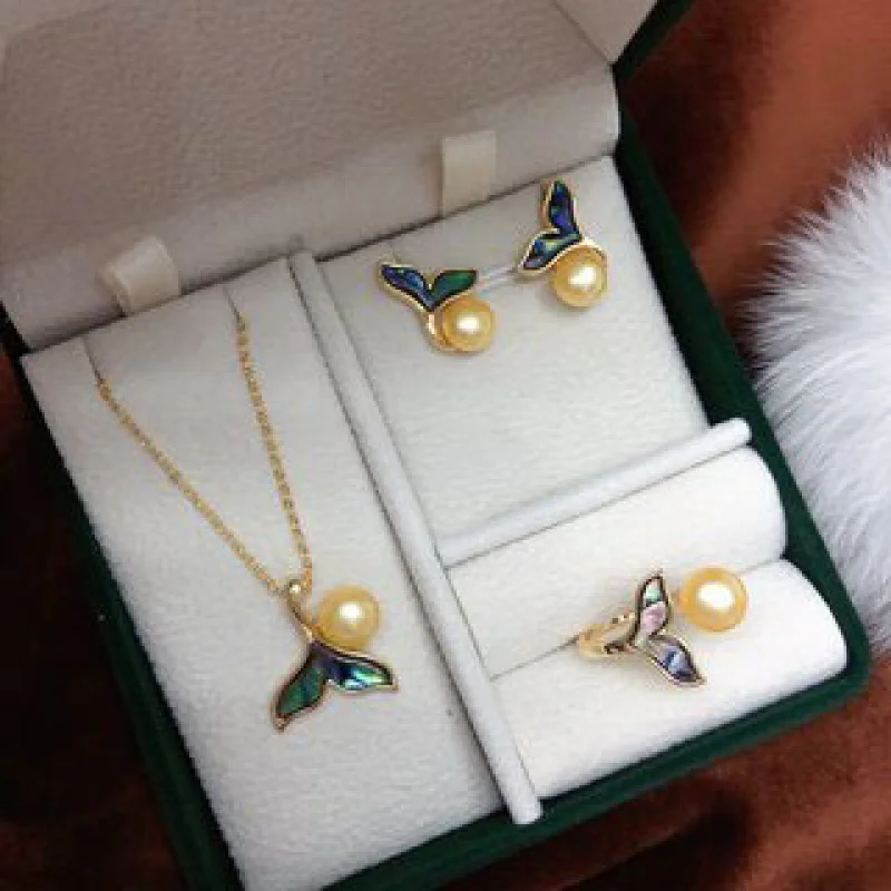 Best-selling Fish Tail Abalone Shell Freshwater Pearl Three-piece Set Small and Exquisite Versatile Trendy Jewelry