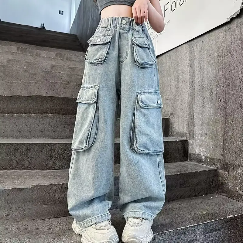 Fashion Girl Summer Fall Jeans 2024 New Children's Cargo Pants Wide Leg Long Pants Kids Soft Multiple pocket Denim Thin Trousers