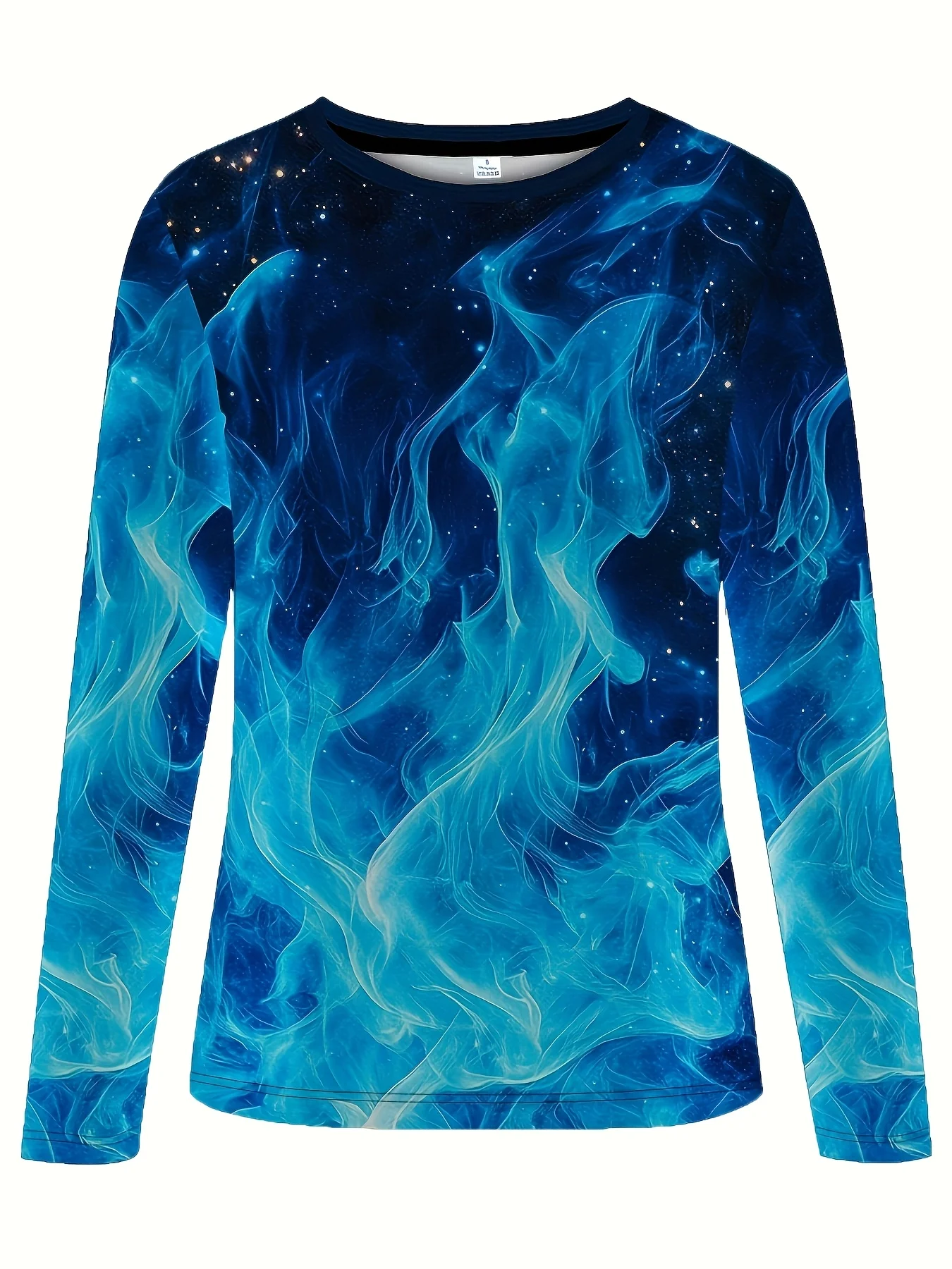Women's Long Sleeve T-Shirt, Blue Galaxy Flame Print Top, All-Winter Holiday Style Top Suitable For Leisure And Sports Scenarios
