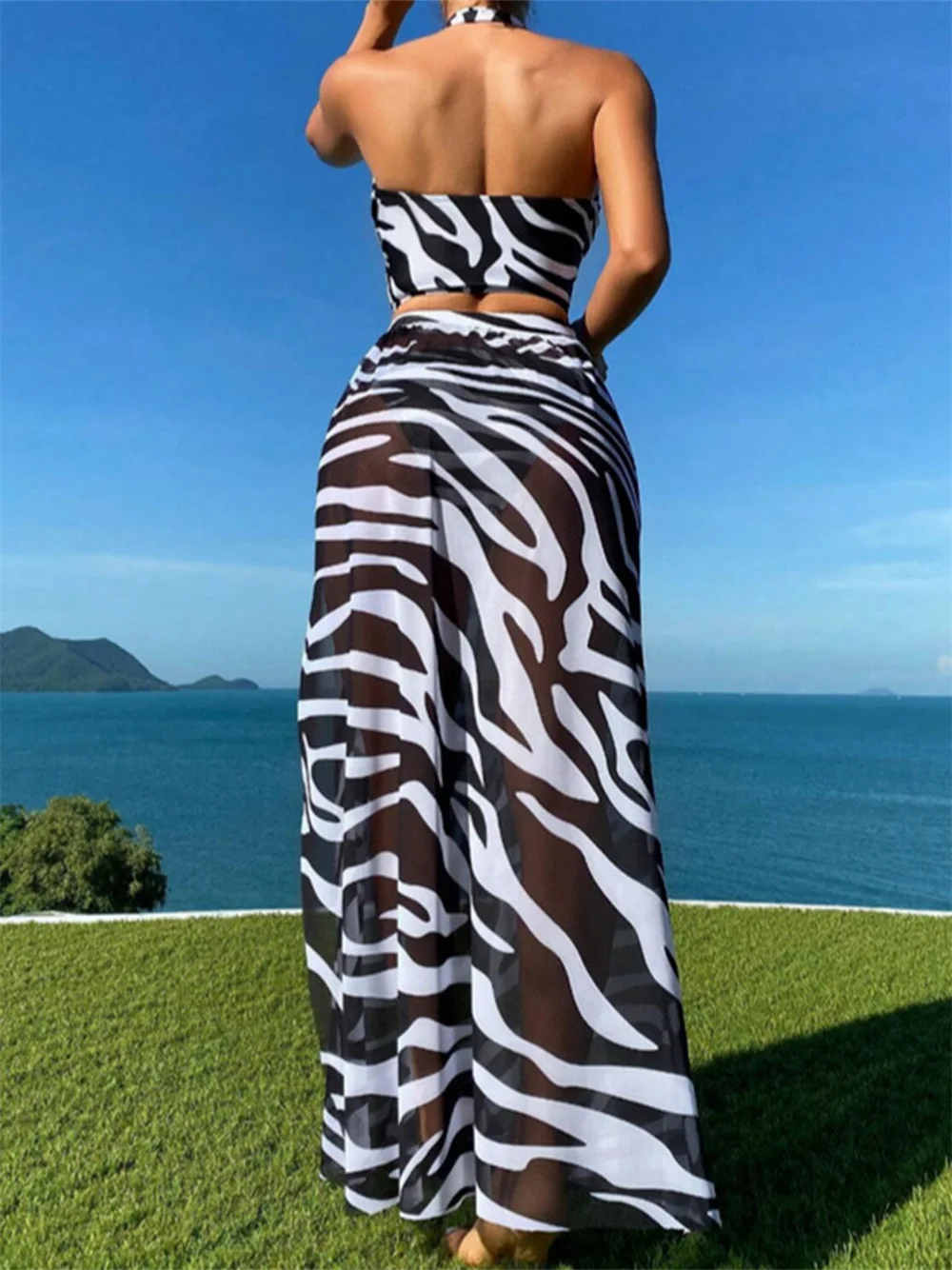 Black and White Zebra Print Bikini Skirt Cover-ups Hollow Out Cross Bandage Swimsuit Women Halter Backless 3 Piece Beach Outfit - view 2