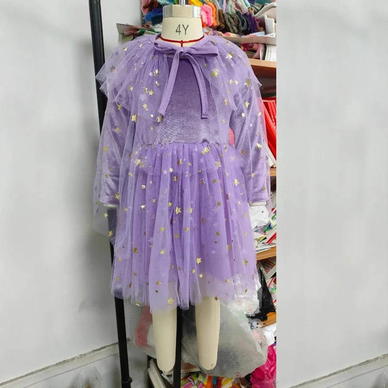 

2PCS Toddler Girls 2025 New Halloween Costume Set Golden Star Girl Tulle Dress and Ruffled Cape Infant Princess Party Outfit