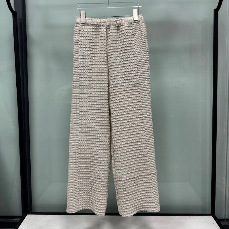Miyake Original Pleated Wide-Leg Pants Plisse Women 2026 Autumn New Loose Embroidered Waffle Texture Fashion Casual Long Pants