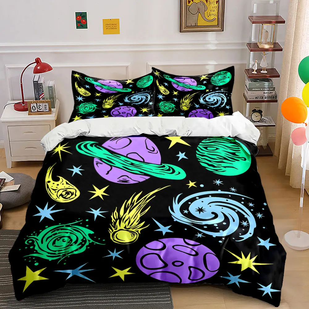 

Colorful planets and cosmic elements Pattern Duvet Cover Set Digital Print Colorful Polyester Bedding with Zipper Closur
