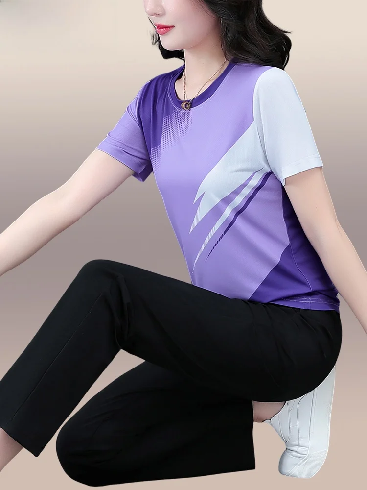 

TUCANO Woodpeer Qui Dry Sports Set Women's Summer New Ice Silk ort Sve Casual Running Two Piece Set for Older Mothers
