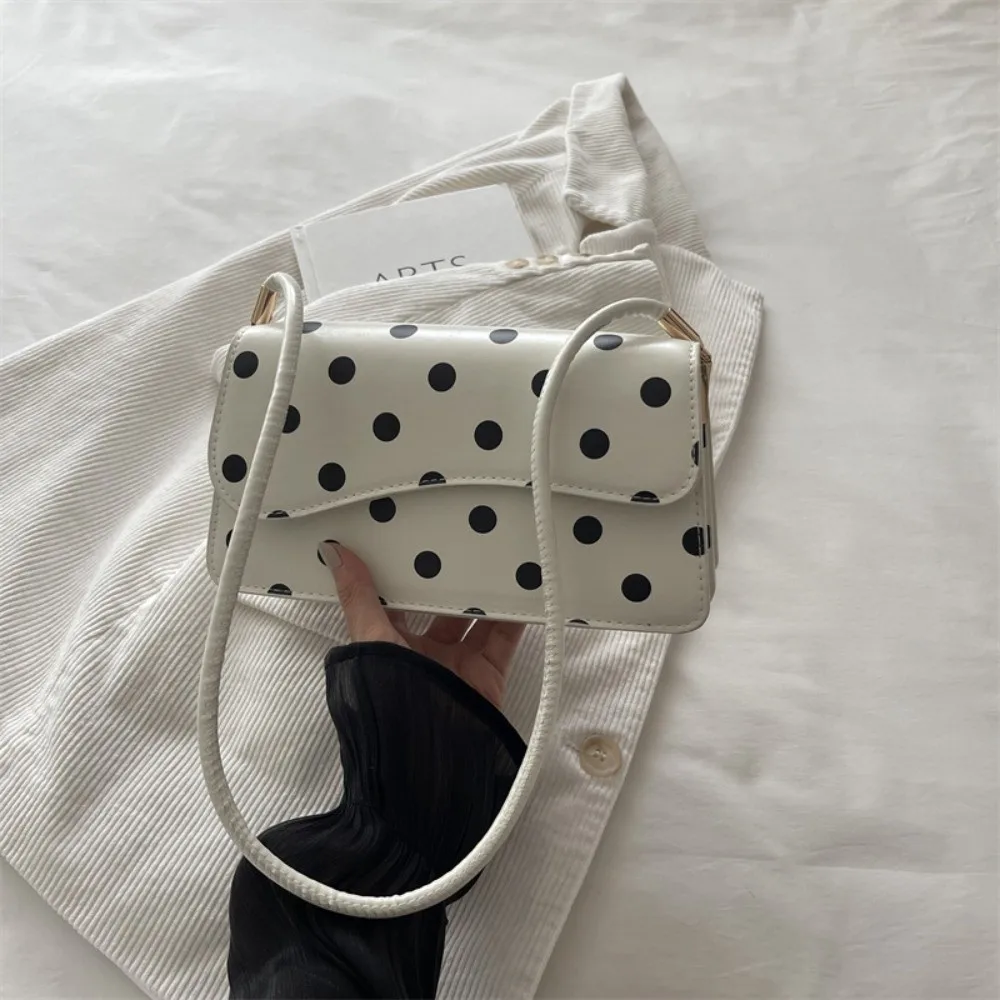 Portable PU Shoulder Bag Polka Dot Lightweight Tote Bag Large Capacity Zipper Closure Commute Handbag Travel