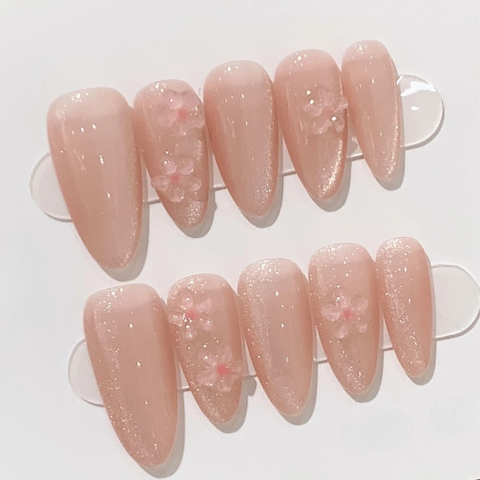 10Pcs Cute Handmade Press on Nails French Ballet Full Cover Honey Peach Pink Almond False Nails Wearable Manicure Nail Tips Art