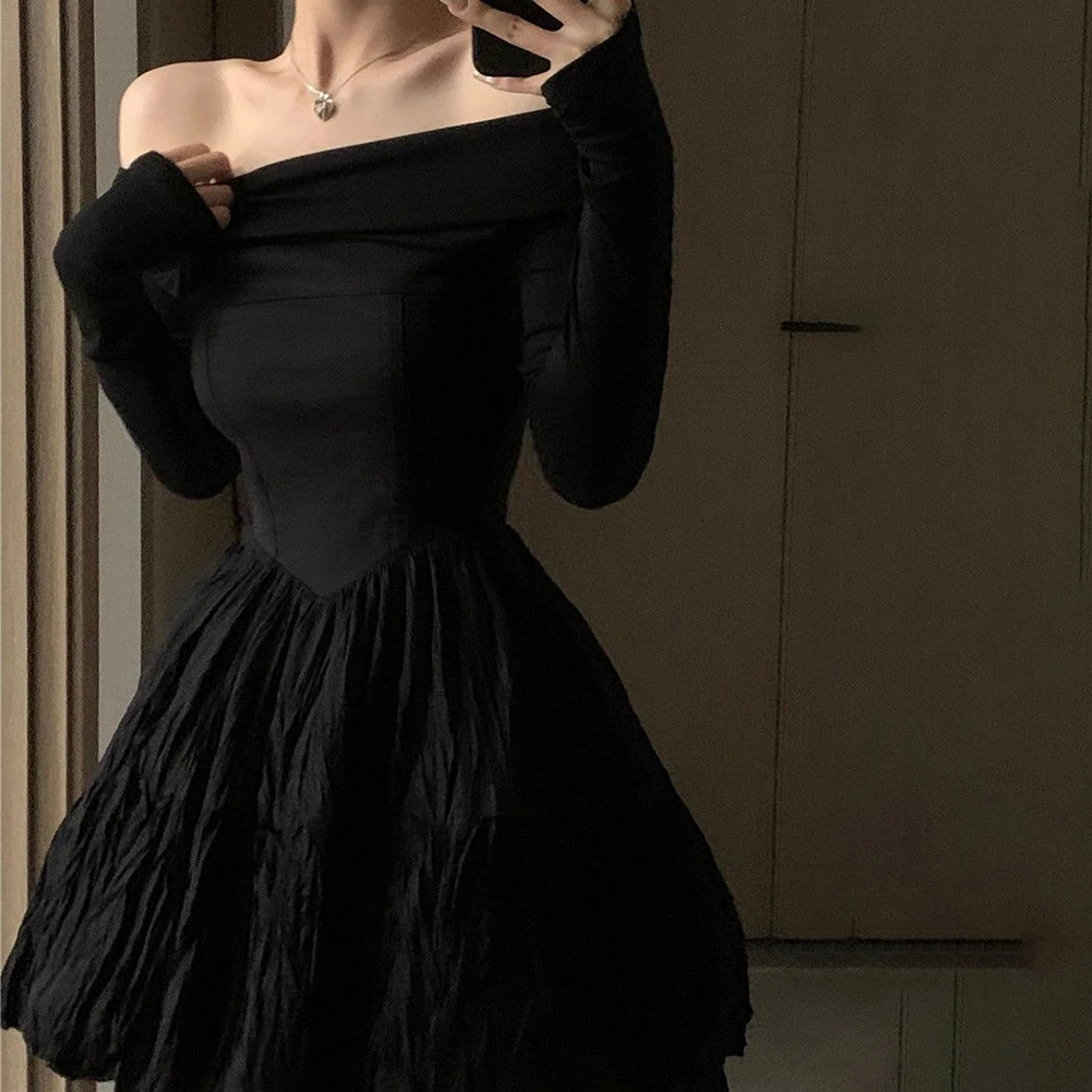 

Apricot Off-shoulder Dress Elegant Long Sleeve Dress Long Sleeve Dress Slight Stretch Design Solid Color Pattern